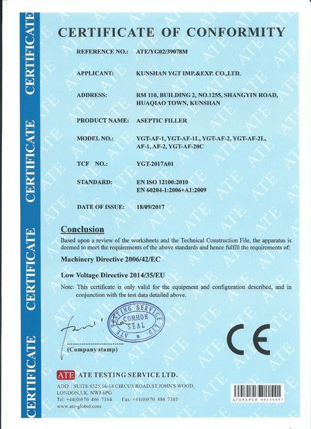 China KUNSHAN YGT IMP.&amp;EXP. CO.,LTD Certificações